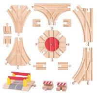 Set Accesorii pentru trenulete din lemn sine de interconectare macaz 3 intrari Platforma-rotitoare Trecere cu bariere OnlyToys Set Accesorii pentru trenulete din lemn sine de interconectare macaz 3 intrari Platforma-rotitoare Trecere cu bariere OnlyToys